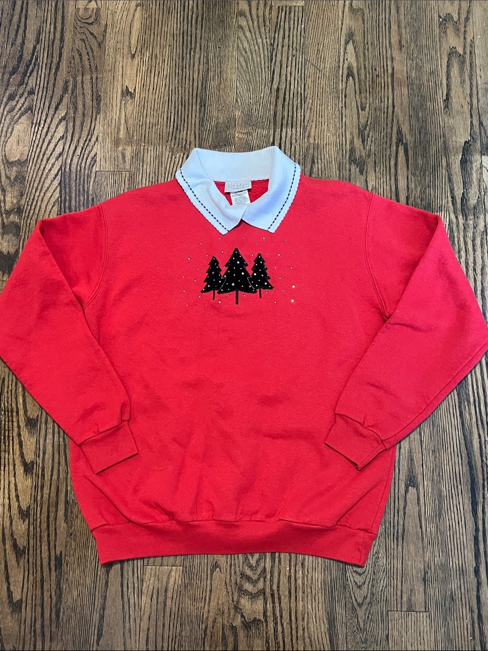 Vintage Morning Sun Women's Pullover Sweatshirt with Tree Motif and White Collar